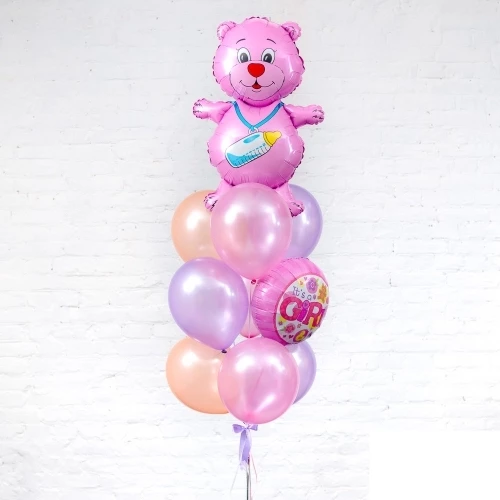 Фонтан из шаров для девочки «Розовый мишка» на выписку